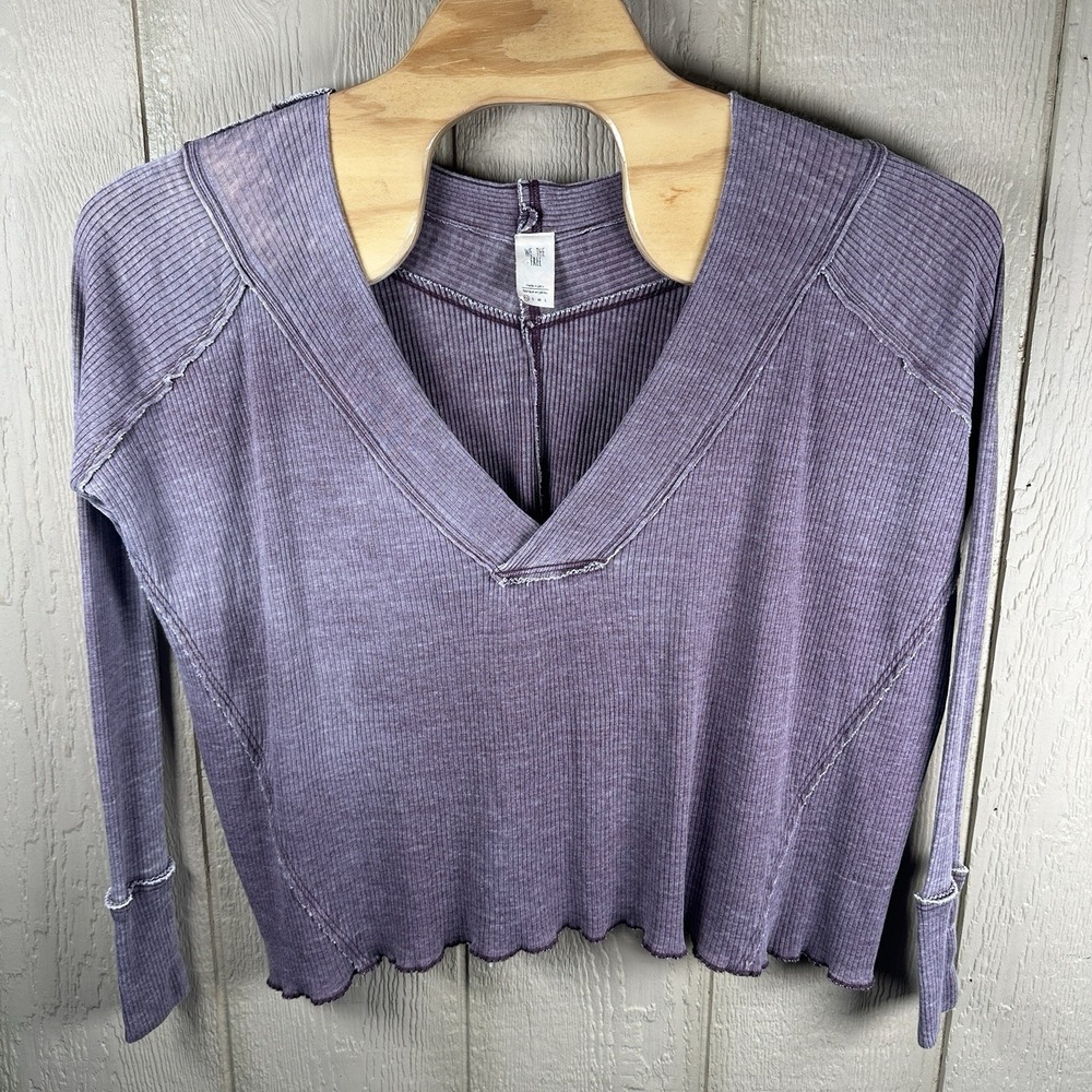 We The Free People Oceanview Thermal Top Sz XS Plum Oversized V Neck Waffleknit